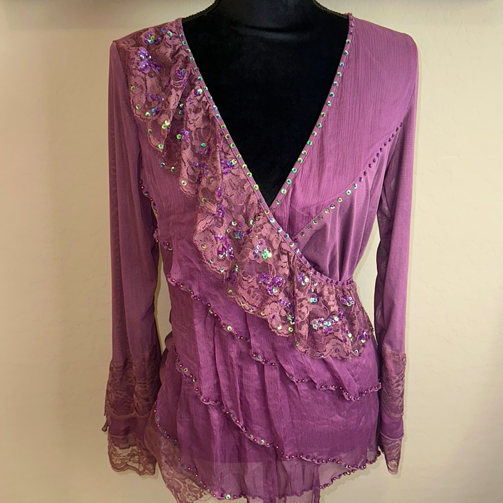 Janette Plus Dusty Purple Wrap Top with Sequins Lace & Ruffles